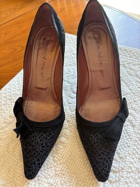 Jean-Michel Cazabat Black Pointed Toe Lace Pumps with Bow Detail